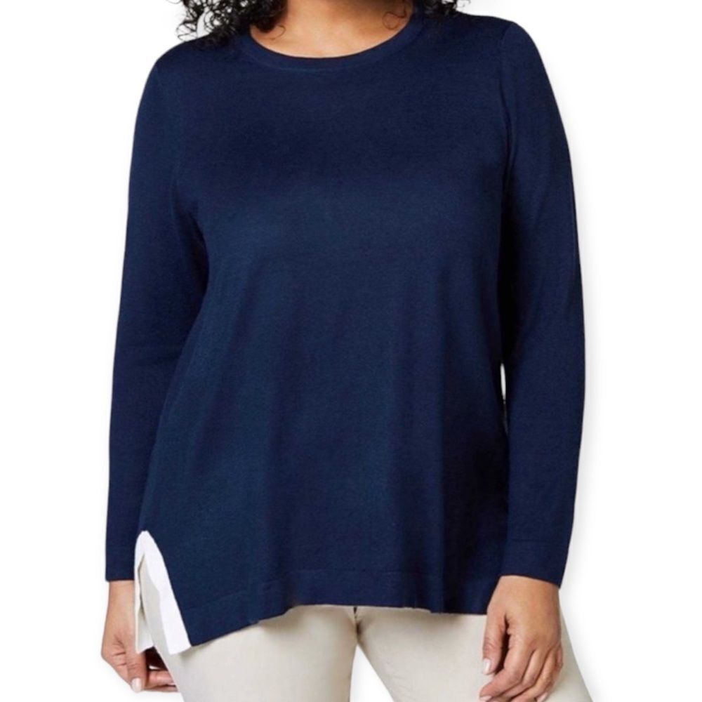 NEW Sweater Blue Knit White Trim Long Sleeve Pullover Timeless Nautical Sweater